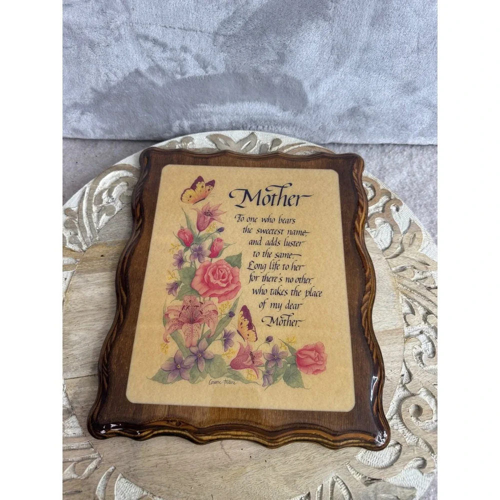 Vintage‎ Connie Tribou Mother Poem Wood Wall Plaque Floral Butterfly Glossy 10x8